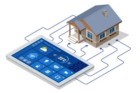 Smart Home Tablet Interface Isometric illustration of a smart home connected to Stock Illustration