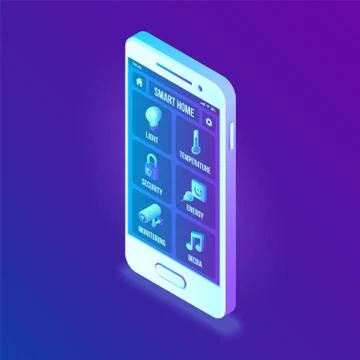 Smart home technology 3D isometric interface on smartphone app screen. Remote Stockillustratie