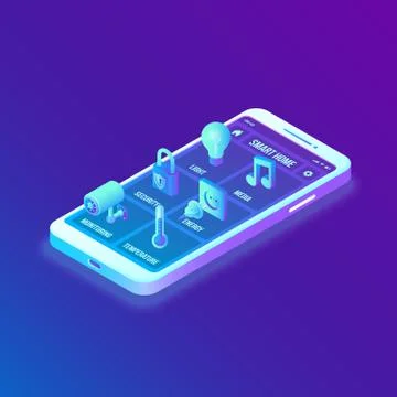 Smart home technology 3D isometric interface on smartphone app screen. Remote Ilustración de archivo