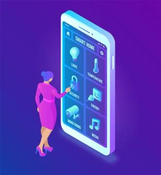 Smart home technology 3D isometric interface on smartphone app screen. Remote Ilustración de archivo