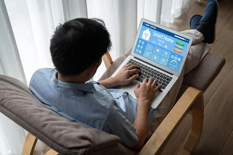 Smart home technology, centric remote control system digital dashboard snugly 库存照片