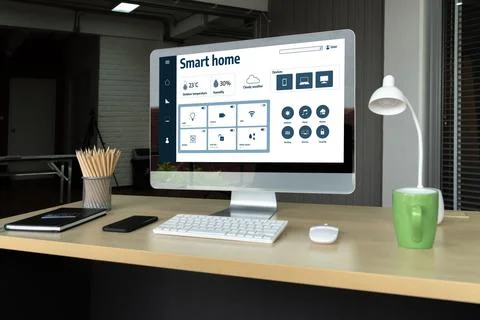 Smart home technology, centric remote control system digital dashboard snugly Stockfoto's