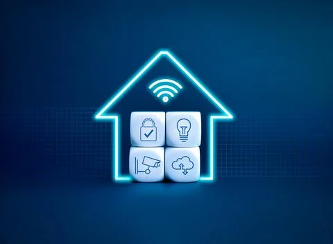 Smart home technology concept. Digital wifi symbol and home shape, neon sty.. Stock Photos