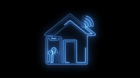 Smart home technology concept glowing neon outline house icon with wifi sig.. Stock Footage 346134804