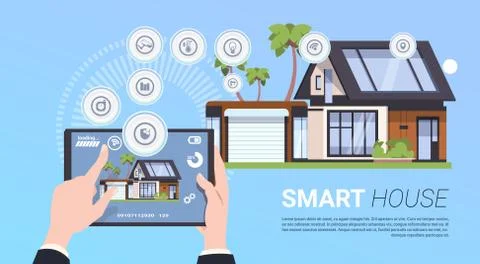 Smart Home Technology Concept With Hands Holding Tablet Device With Control Stockillustratie
