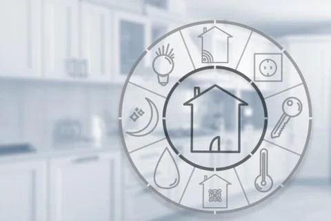 Smart home technology concept. Touch screen display of modern house control u Stock-Fotos