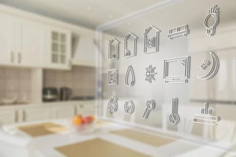 Smart home technology concept. Touch screen display of modern house control u Stock Photos