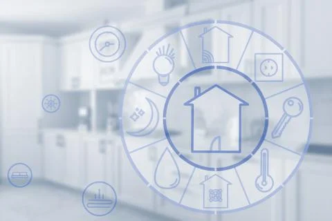 Smart home technology concept. Touch screen display of modern house control u Stock Photos