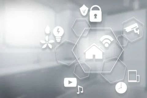 Smart home technology concept. Touch screen display of modern house control u Stock Photos