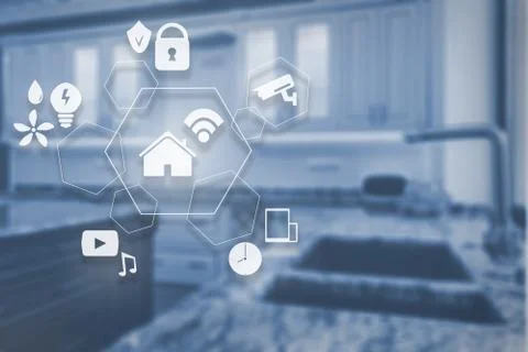 Smart home technology concept. Touch screen display of modern house control u Stock Photos
