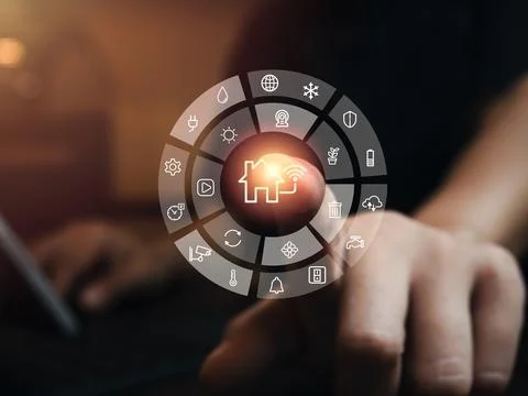 Smart home technology concept. Virtual circular futuristic interface with d.. Stock Photos