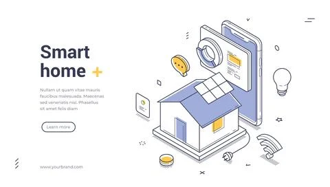 Smart Home Technology Control With Phone Isometric Banner Vector Illustration Stock Illustration
