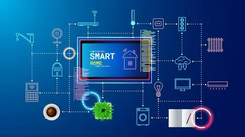 Smart home technology. Digital tablet IOT software. Network application. House Stock Illustration