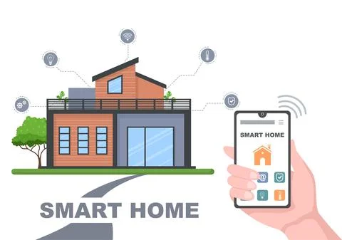 Smart Home Technology House Control System Of Lighting, Heating, Ventilation  Illustrazione stock