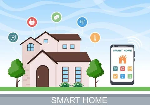 Smart Home Technology House Control System Of Lighting, Heating, Ventilation  Illustrazione stock