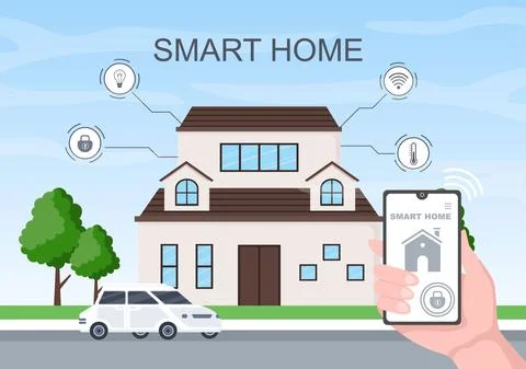 Smart Home Technology House Control System Of Lighting, Heating, Ventilation  Illustrazione stock