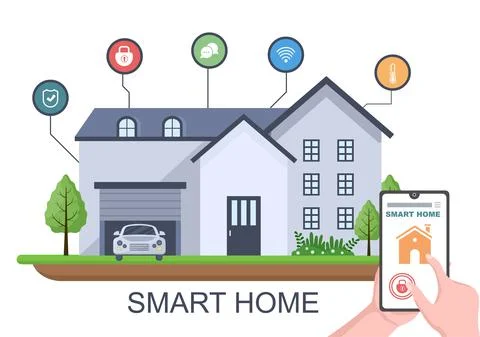 Smart Home Technology House Control System Of Lighting, Heating, Ventilation  Illustrazione stock