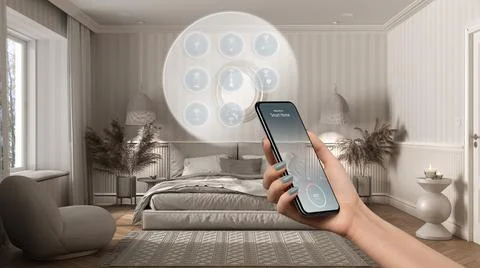 Smart home technology interface on phone app, augmented reality, internet of  Illustrazione stock