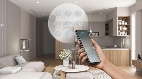 Smart home technology interface on phone app, augmented reality, internet of  Stock Illustration