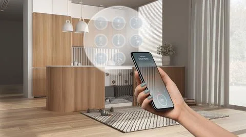 Smart home technology interface on phone app, augmented reality, internet of  Illustrazione stock
