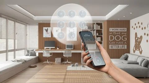 Smart home technology interface on phone app, augmented reality, internet of  Illustrazione stock