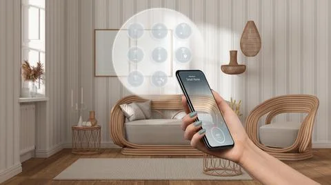 Smart home technology interface on phone app, augmented reality, internet of  Illustrazione stock