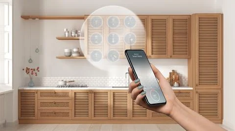 Smart home technology interface on phone app, augmented reality, internet of  Stock Illustration