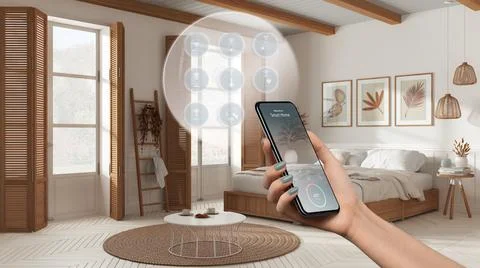 Smart home technology interface on phone app, augmented reality, internet of  Stock Illustration