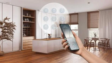 Smart home technology interface on phone app, augmented reality, internet o.. Illustrazione stock
