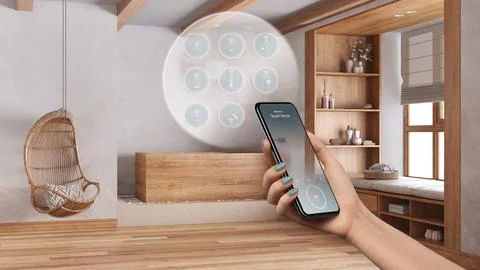 Smart home technology interface on phone app, augmented reality, internet o.. Stockillustratie