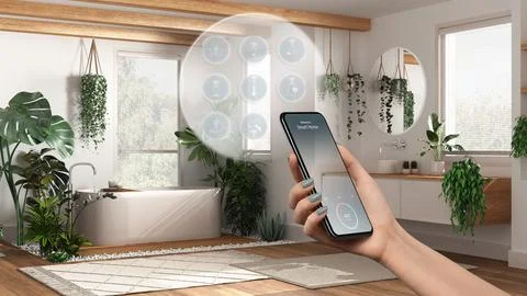Smart home technology interface on phone app, augmented reality, internet o.. Stock Illustration