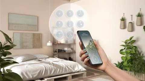 Smart home technology interface on phone app, augmented reality, internet of  Foto stock