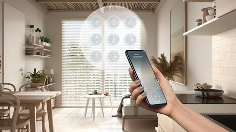 Smart home technology interface on phone app, augmented reality, internet of  Foto stock