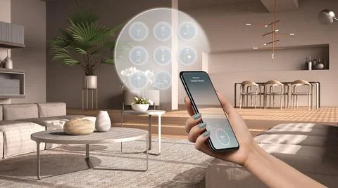 Smart home technology interface on phone app, augmented reality, internet of  Foto stock