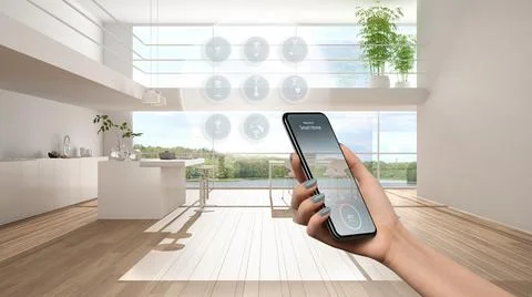 Smart home technology interface on phone app, augmented reality, internet of  Foto stock