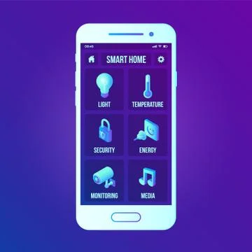 Smart home technology interface on smartphone app screen. Remote home control Stockillustratie