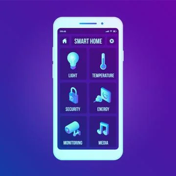 Smart home technology interface on smartphone app screen. Remote home control Stockillustratie