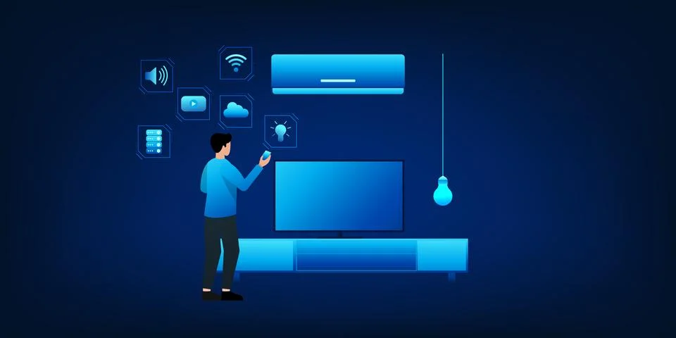 Smart home technology with IoT system. A man uses his smartphone to control.. 스톡 일러스트