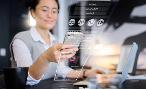 Smart home technology, phone dashboard and woman programming safety security Stock Photos