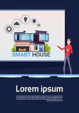 Smart Home Technology Presentation Asian Man Explain New System On House Control イラスト素材