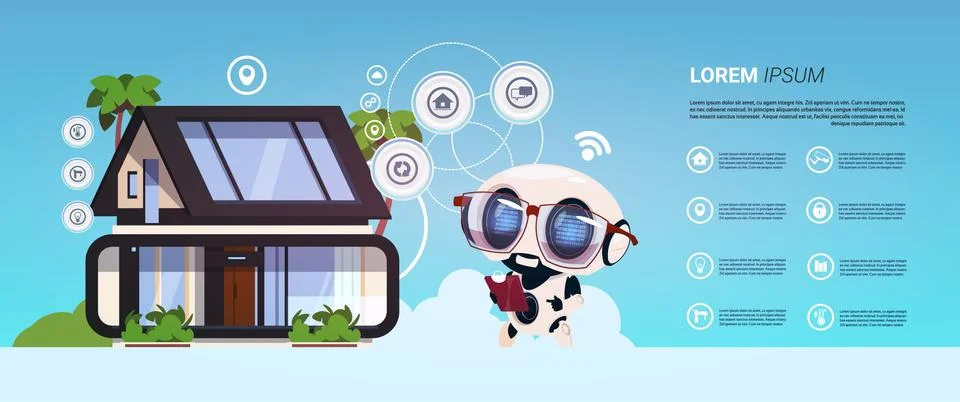 Smart Home Technology Of Robot Administration Infographic Banner, Modern Home Ilustración de archivo