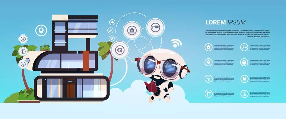 Smart Home Technology Of Robot Administration Infographic Banner, Modern Home Ilustración de archivo