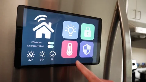 Smart Home Temperature Controlled on a Smart Refrigerator Screen Video stock 129627189