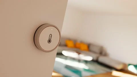 Smart home temperature sensor. House automation. Electronic thermometer. CGI Video stock 201202685