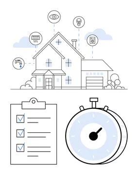 Smart homes, IoT technology, automation, energy efficiency, home security, ta Stock Illustration