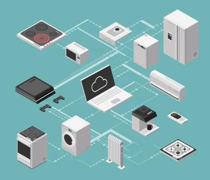 Smart house and electrical control isometric concept with domestic appliances Stock Illustration