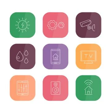 Smart House color rounded square line icons set, vector illustration Illustrazione stock