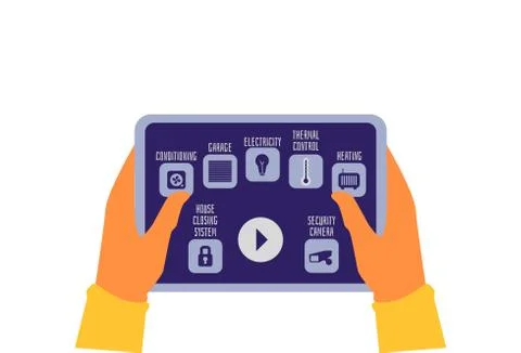 Smart house control app interface on tablet screen, hands holding device Stock Illustration