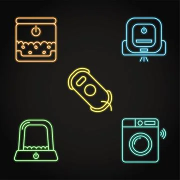 Smart house gadgets icon set in neon style Stock Illustration