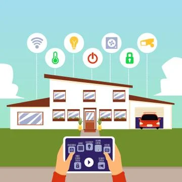 Smart house with human hands hold remote controler, flat vector illustration. Stock Illustration